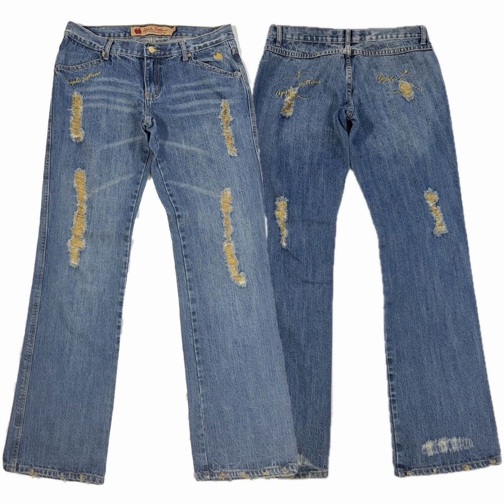 Vintage Y2K Apple Bottoms Bootcut Jeans Sz 8 Gold Glitter Distressed Embroidered